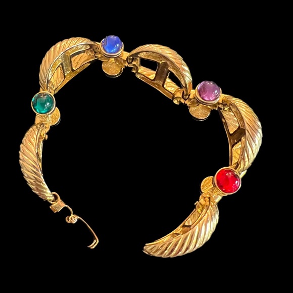 Vtg 80s cabochon Gems and Rhinestones Gilt metal rope twist link Bracelet - Picture 6 of 10